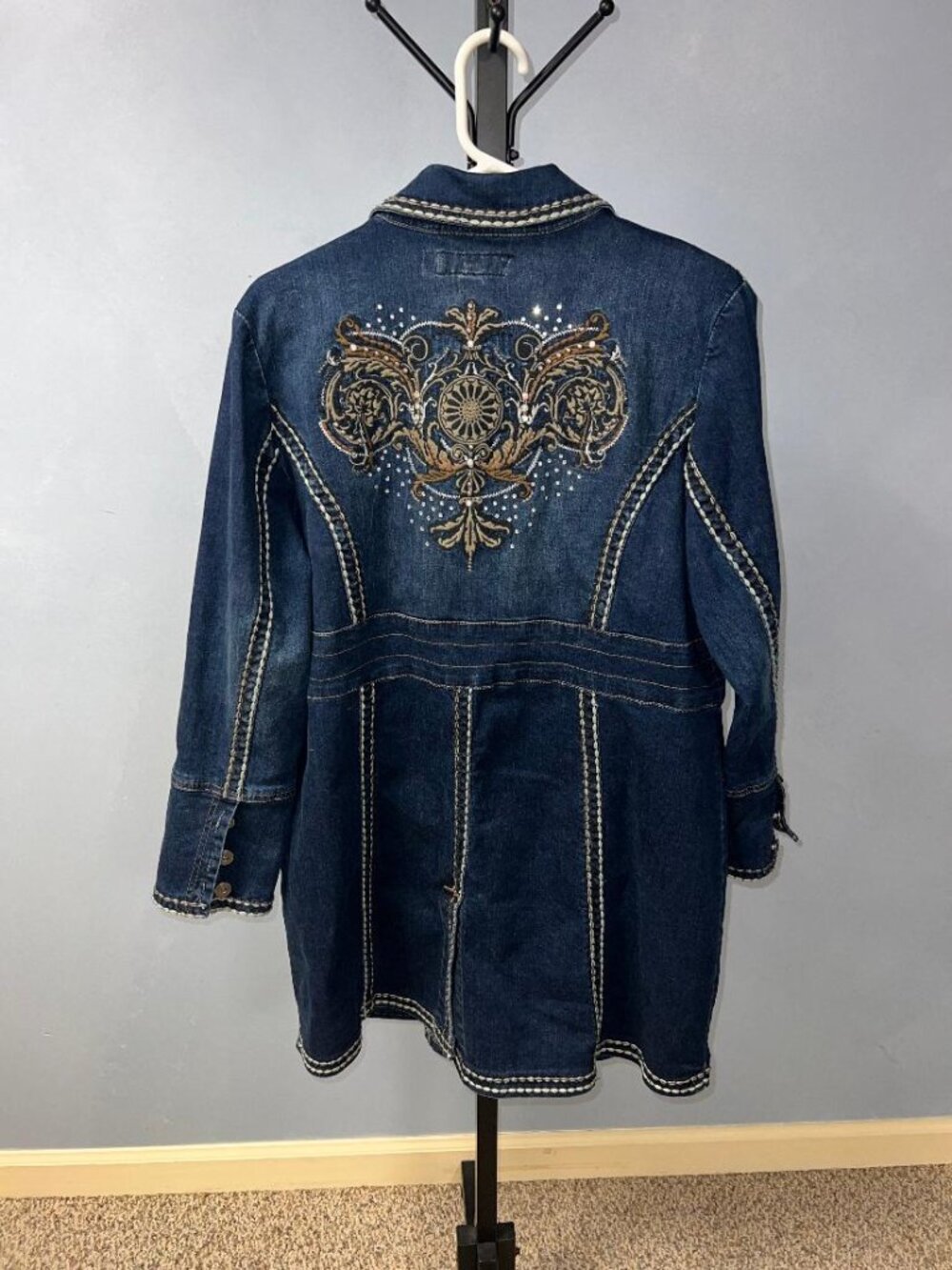 Women's Mid Length Blue Denim Coat Jacket - Midnight Velvet